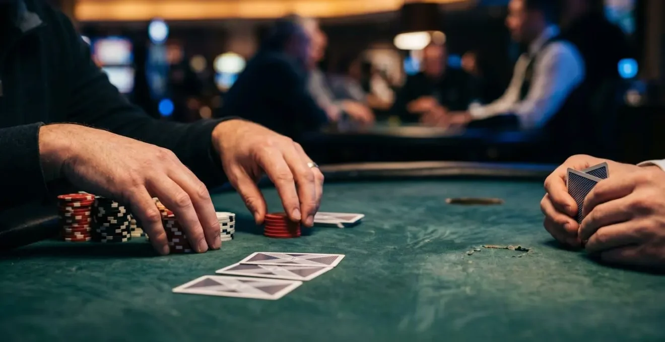 Atmospheric poker table scene during late night session with selective lighting emphasis