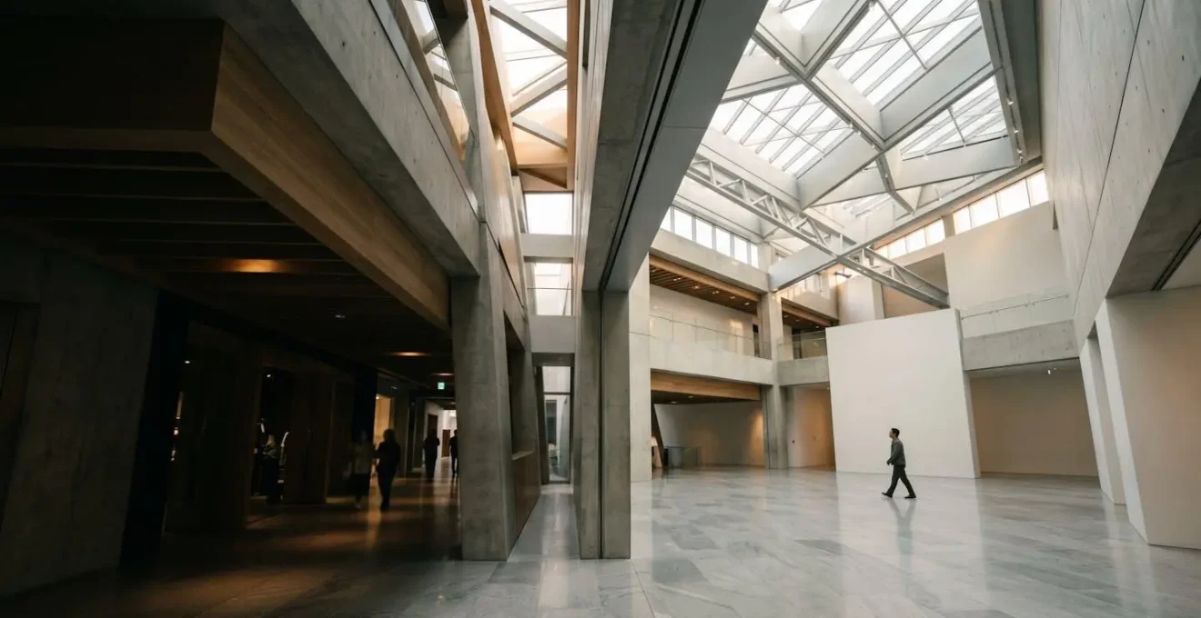 Modern luxury shopping mall interior with dramatic angular architecture and natural skylights