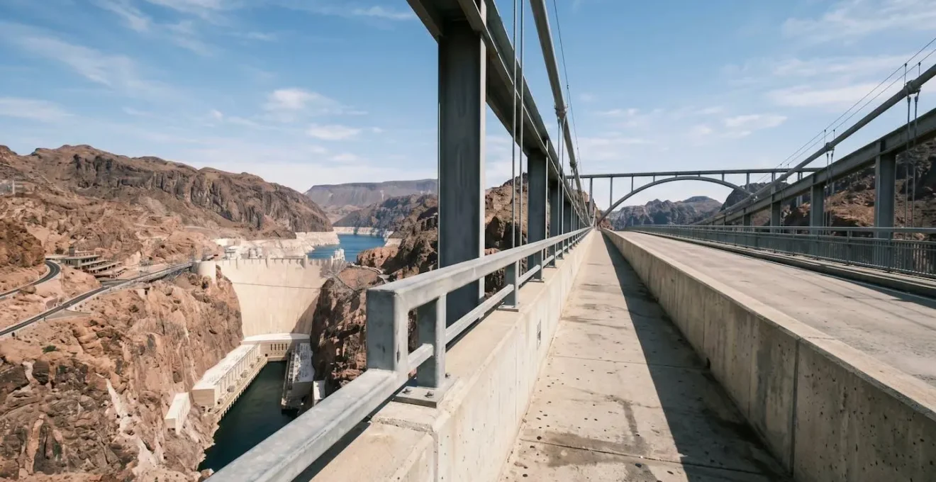 Wide perspective from the pedestrian walkway of Mike O'Callaghan-Pat Tillman Memorial Bridge with dramatic view of Hoover Dam and Black Canyon below