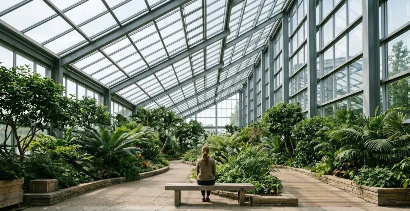 A tranquil indoor garden space with abundant natural sunlight providing a mental health refuge from casino environments
