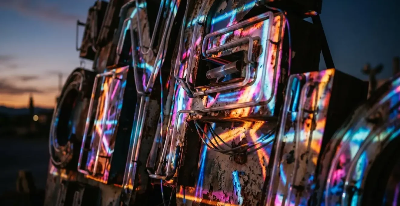 Weathered vintage neon sign surface with projected light creating patterns of illumination in twilight darkness