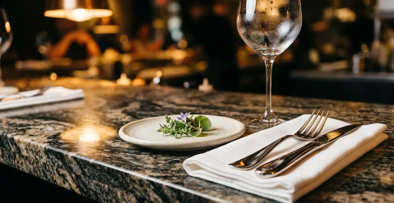Sophisticated restaurant bar counter with elegant place settings and ambient lighting