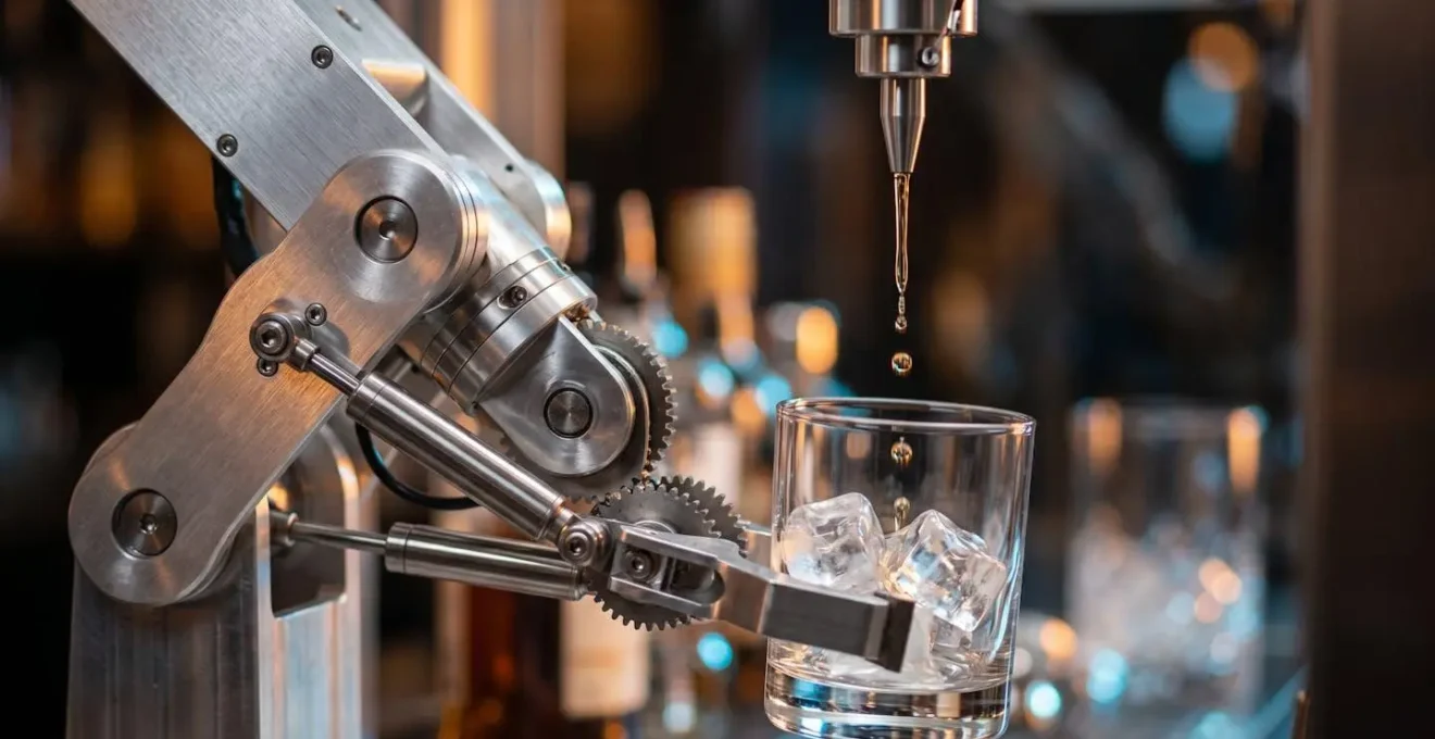 Close-up view of robotic arm preparing cocktail with precise movements and precision engineering