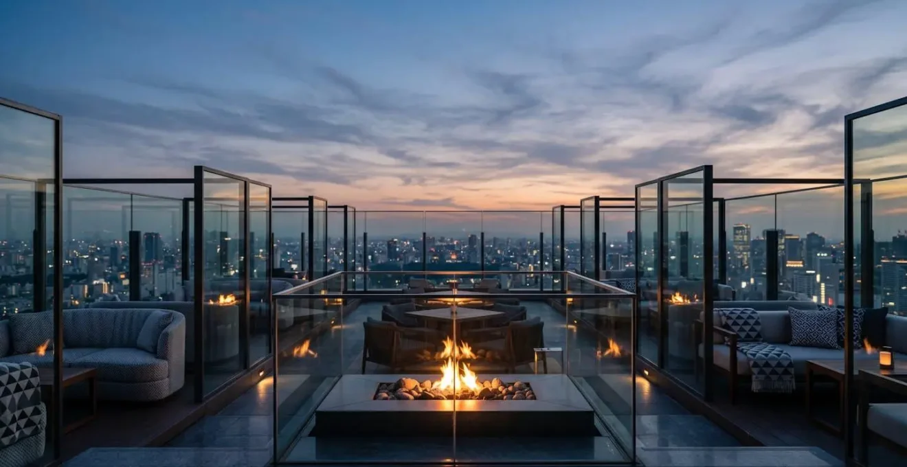 Wide shot of rooftop seating area with protective glass barriers and strategic wind shelter