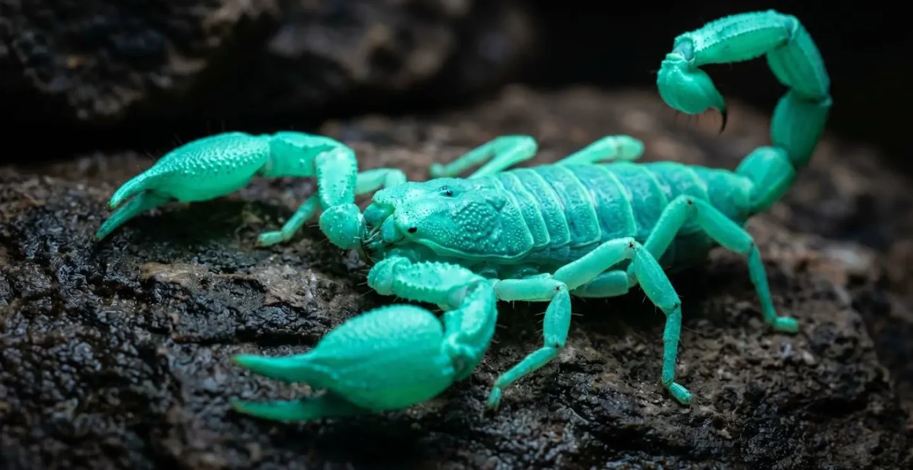 Macro close-up photograph of scorpion exoskeleton glowing under ultraviolet light revealing natural fluorescence