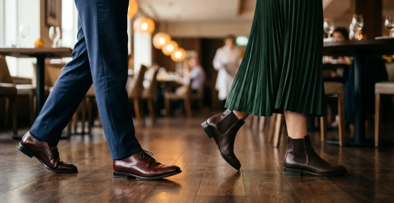 Polished leather dress shoes on elegant restaurant flooring with sophisticated ambient lighting