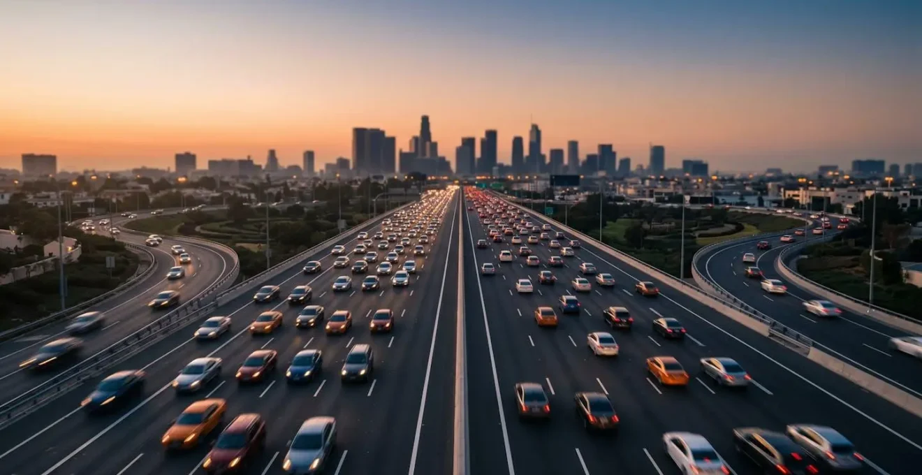 Wide environmental shot of urban highway with multiple lanes showing dense vehicle traffic during golden hour with city skyline in distant background