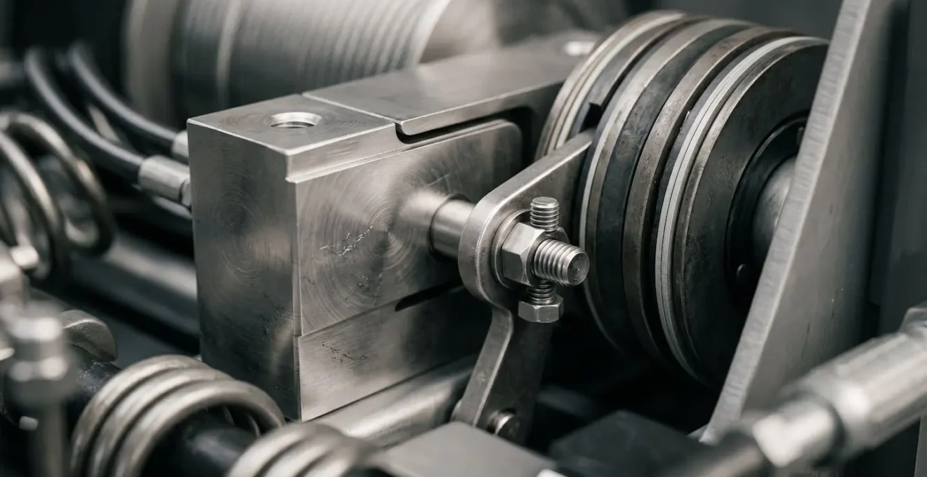Close-up of automated stage rigging winch showing precision load sensors and safety mechanisms