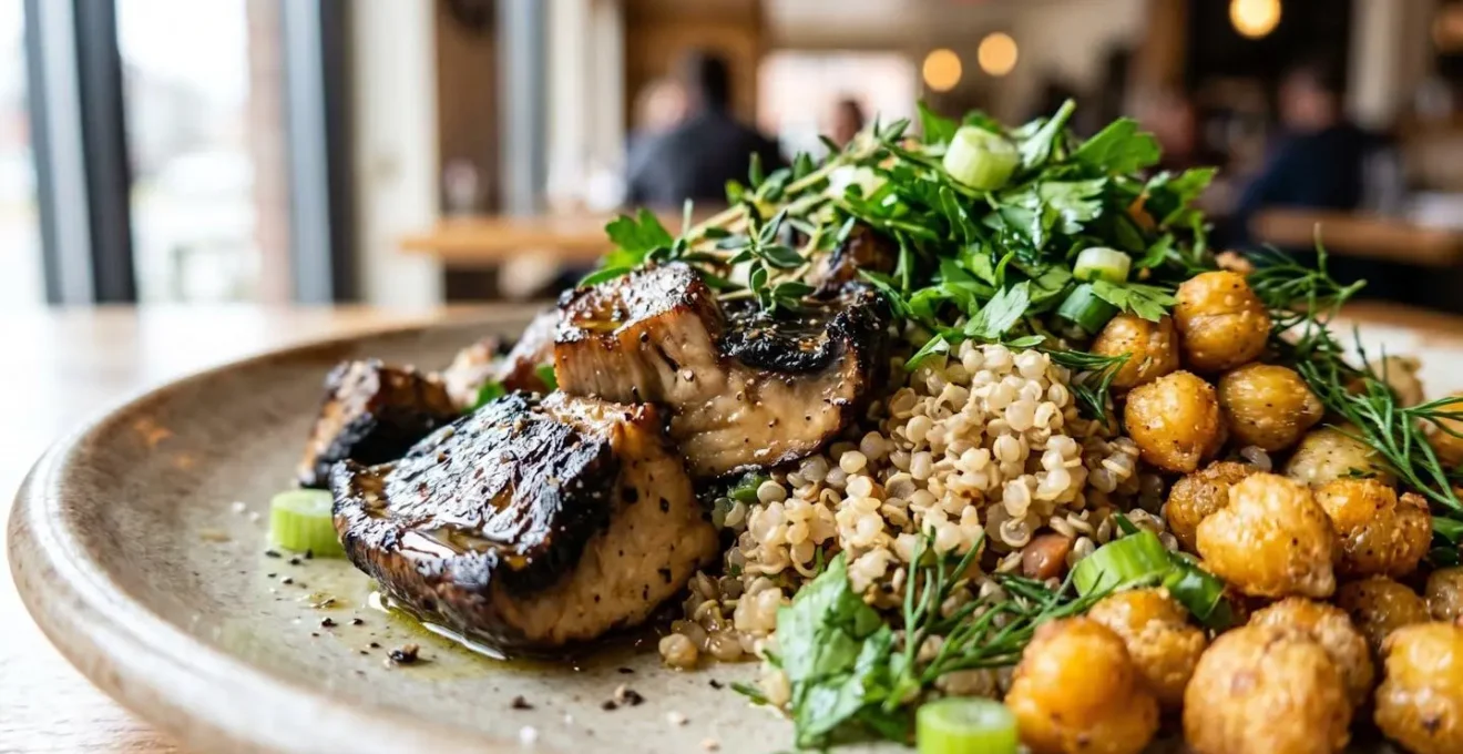 A colorful high-protein vegan meal featuring diverse plant-based ingredients arranged artfully on a plate