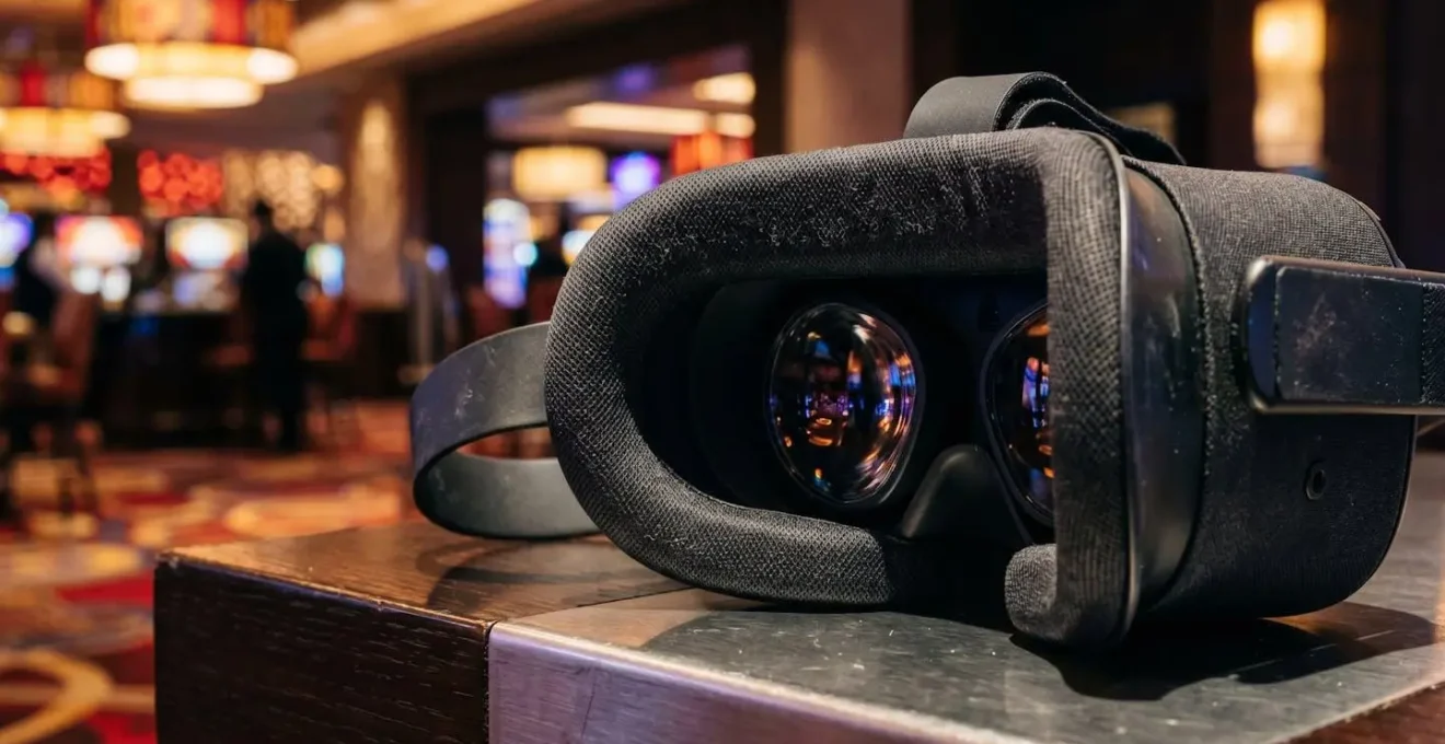 Close-up of VR gaming headset in futuristic casino lounge environment with soft ambient lighting